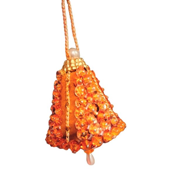 Orange Beaded Bell Ornament With Gold Accents Push Pin Pearl Details Holiday Dec - Picture 9 of 10